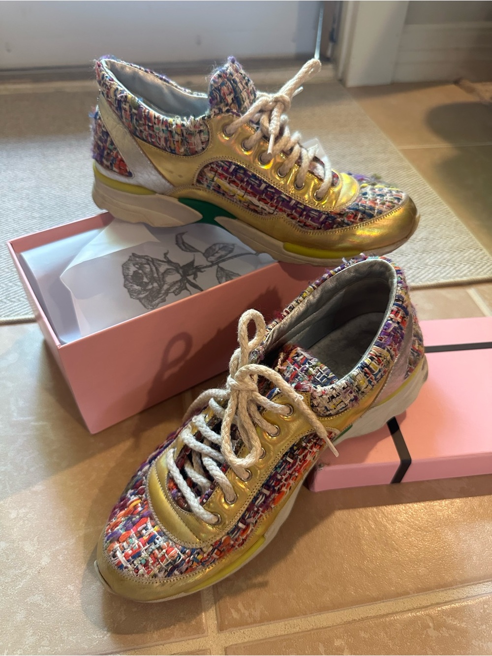 CHANEL Multicolor Tweed and Gold Leather Sneakers - Picture 1 of 7